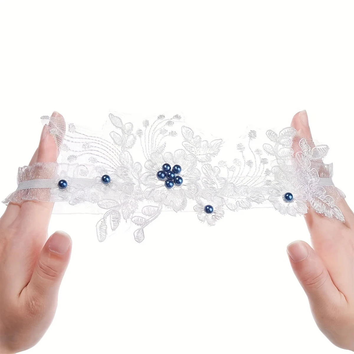 Um par de meias de casamento para noivas europeias e americanas, com meias de pérola azul e presilhas elásticas sexy para pernas