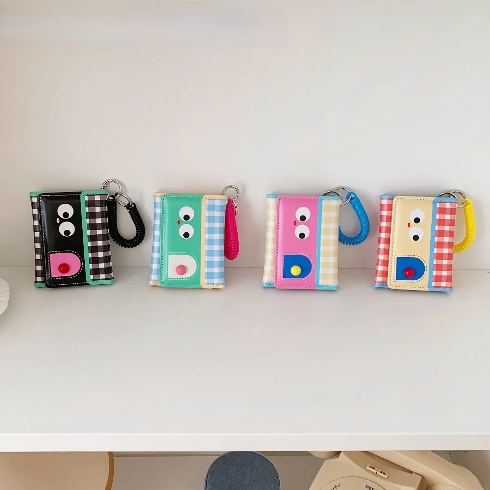 Multifunctional Dopamine Color Short Wallet Ultrathin Tri-fold Leather Card Holder Compact Spring Rope Cartoon Coin Purse