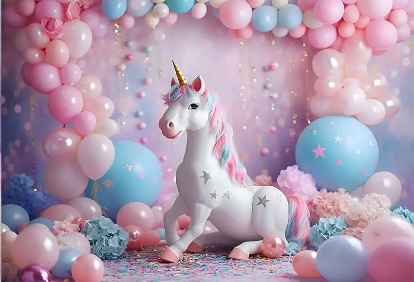 Mehofond Dreamy Unicorn Balloon Fondale fotografico Festa di compleanno per bambini Arcobaleno Fiore Sfondo Torta Smash Decor Photozone