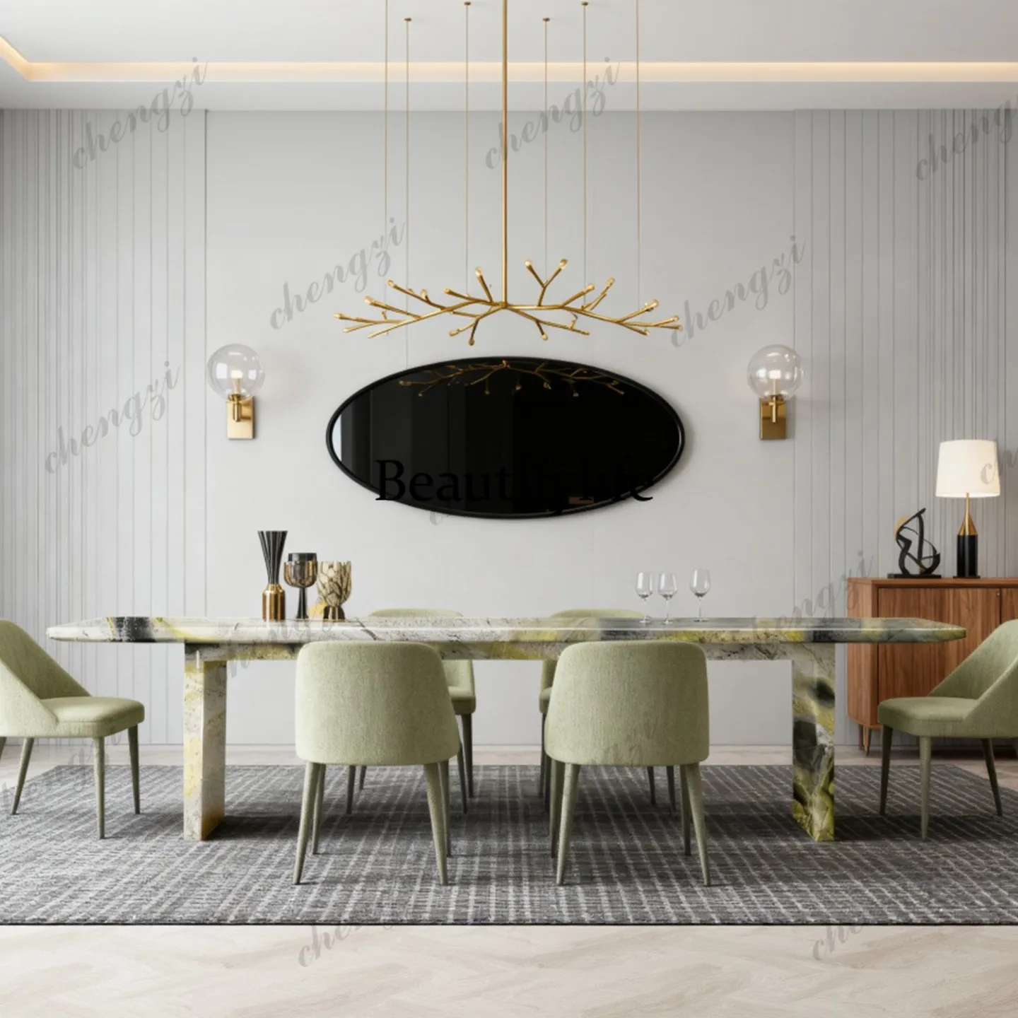 P37 Modern light luxury high-end rectangular dining table natural marble green stone