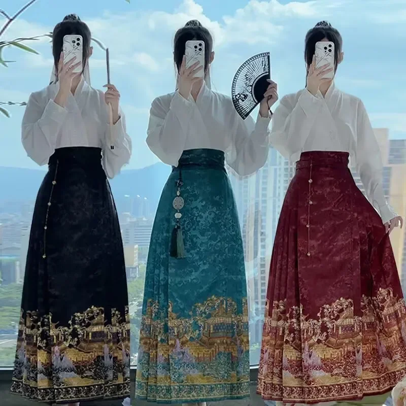 

Chinese Ming Style Daily Jacquard Hanfu Clothes Versatile Crossed Collar Hanfu Top Short And Long Women Elagant Horse Face Skirt