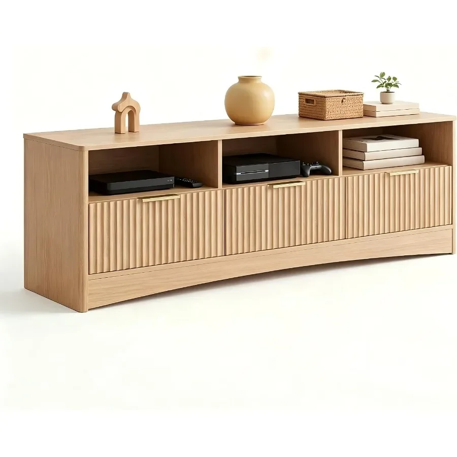 59 Wide TV Stand for TVs Up to 65, Natural Oak Finish, Engineered Wood, Modern Living Room Use, Sturdy Space-Saving Design