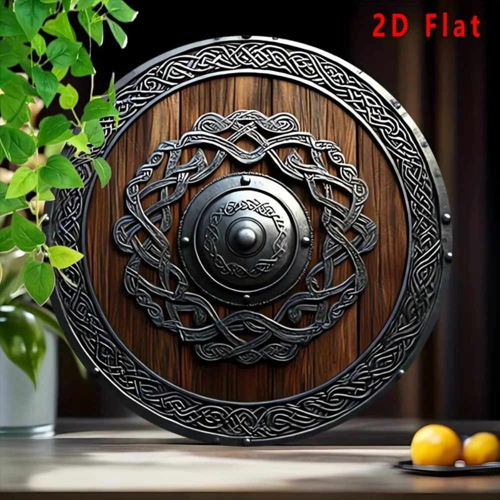 2D Flacher Wikingerschild Aluminium-Wanddekoration, Dunkelbraune Nordische Replik mit Keltischen Knoten, für Zuhause Büro Bar Café, Vorgebohrt
