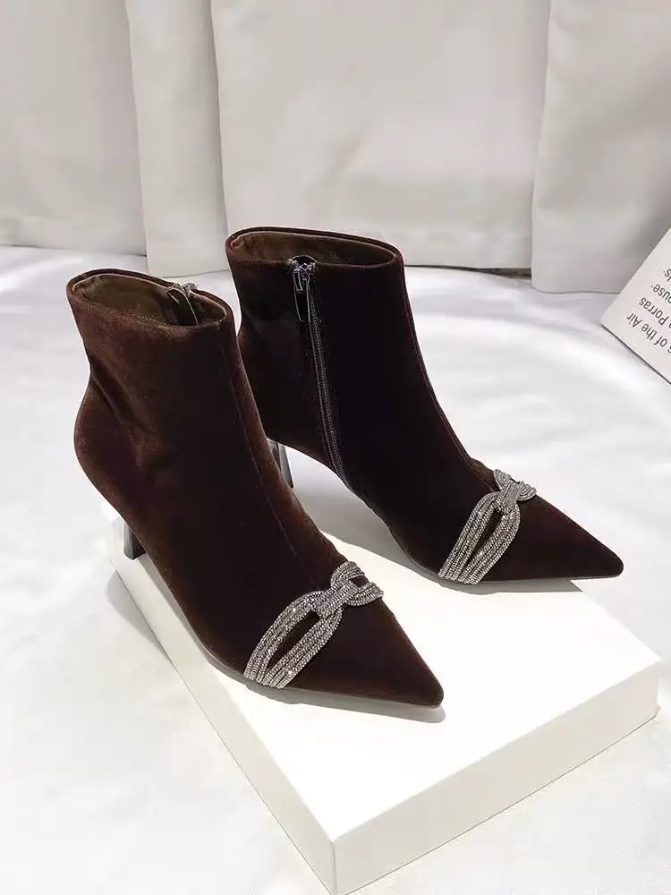 

High Quality Fashion Short Boots Autumn Luxury Velvet Short Boots Thin Heel Pointed Toe High Heels Wedding Party Women Pumps
