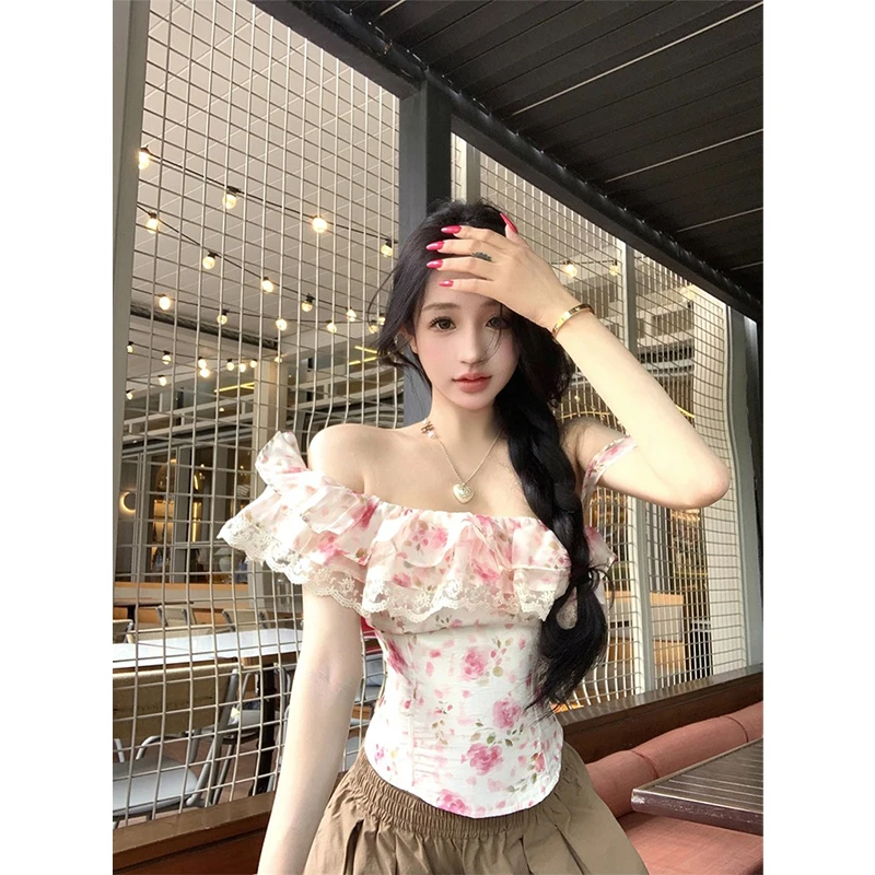 Vintage Cropped Floral Shirts Women Sexy Slash Neck Lace Blouses Summer Korean Elegant Ruffles Off Shoulder Slim Design Tops New - view 4
