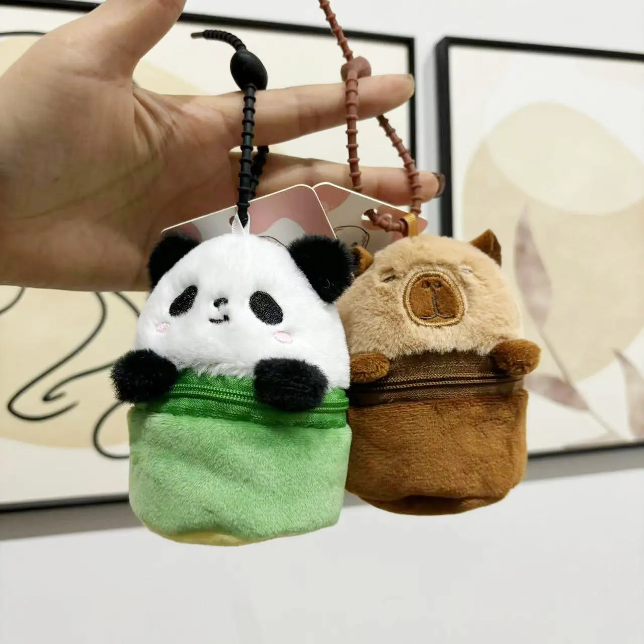 Cute Bamboo Panda Plush Stuffed Headphone Bag Keychain Pendant Cartoon Capybara Doll Small Coin Purse Plush Toys Birthday Gifts