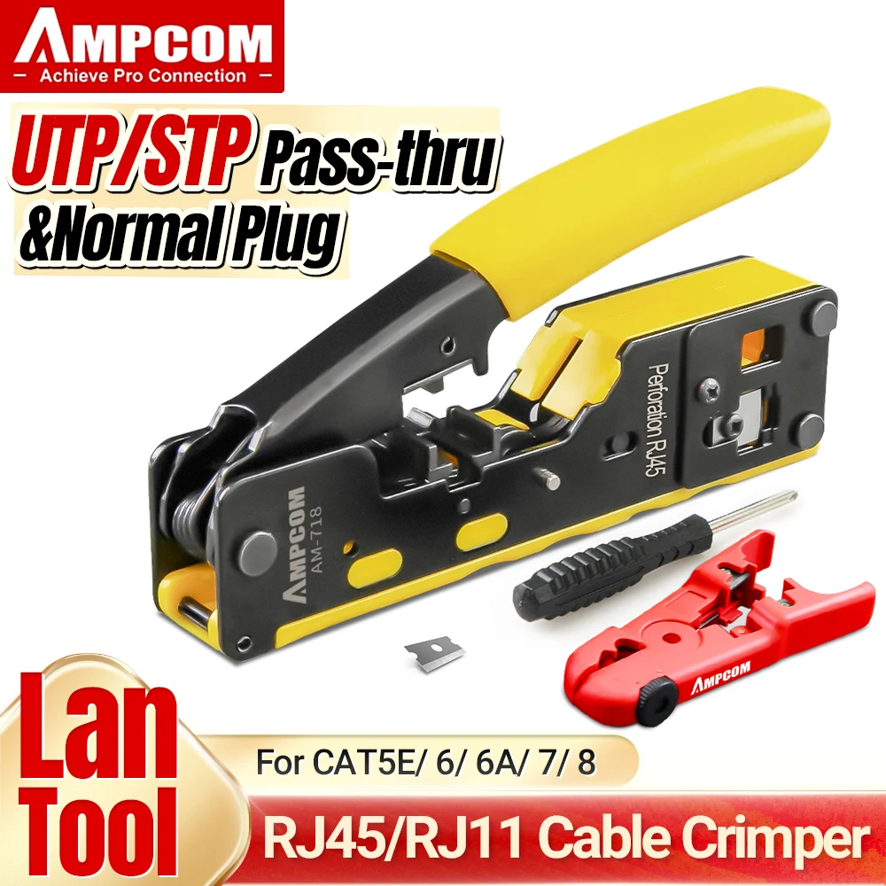 Narzędzie do zaciskania przelotowych złącz RJ45 RJ11 AMPCOM do wtyków modułowych Ethernet Cat7/6A Cat6/5 z funkcją zdejmowania izolacji i zapasowym ostrzem.