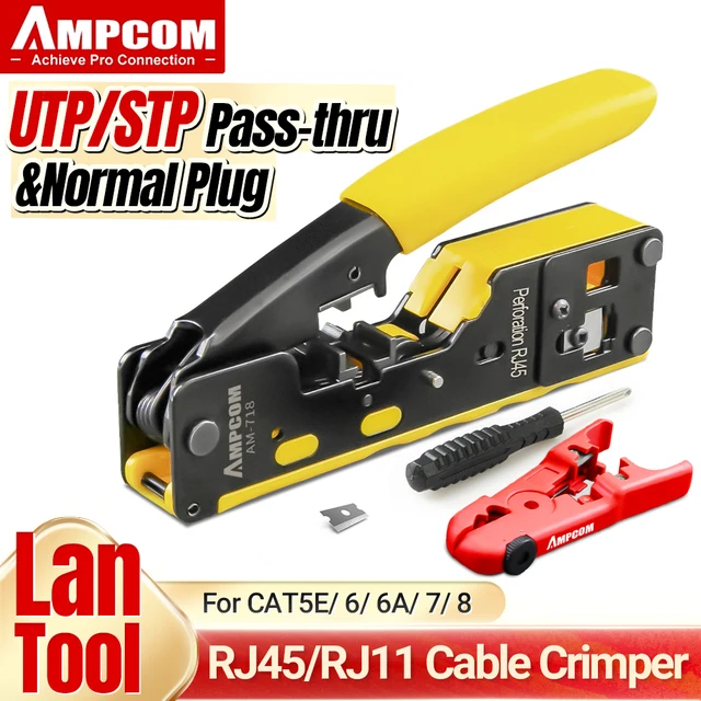 Narzędzie do zaciskania przelotowych złącz RJ45 RJ11 AMPCOM do wtyków modułowych Ethernet Cat7/6A Cat6/5 z funkcją zdejmowania izolacji i zapasowym ostrzem.