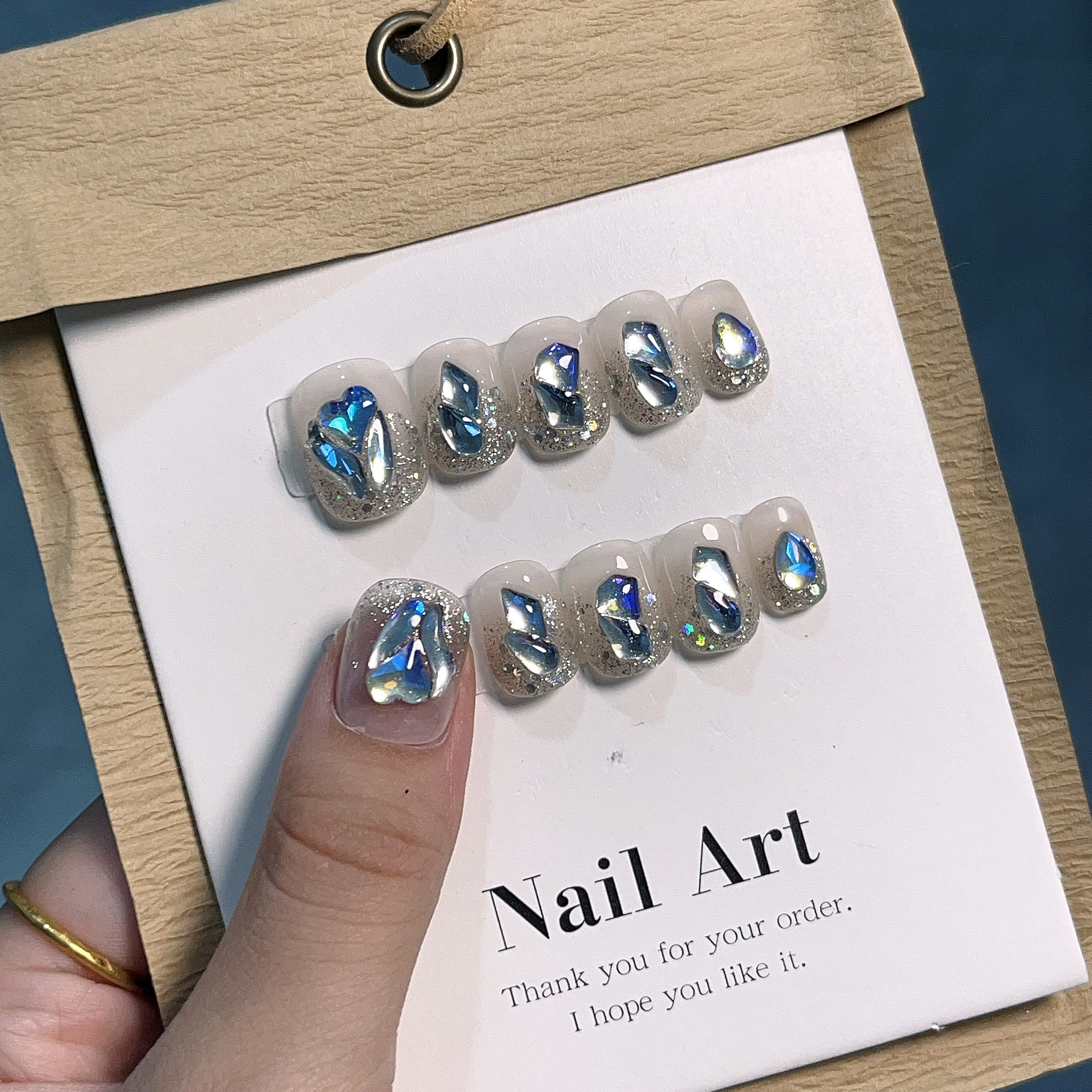 

Ice Blue Handmade Press on Nails- Short Round Shape- Diamond Shaped Crystals -Ice and Snow Style No.EM1537