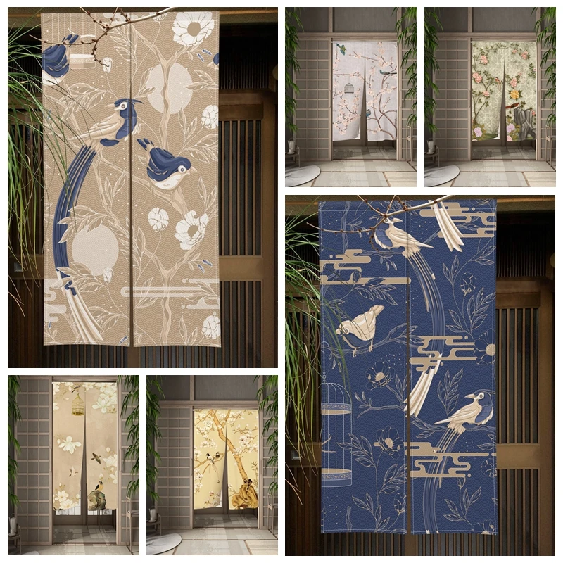 Chinese Traditional Flower Birds Door Curtain Japanese Noren Doorway Curtains Ink Painting Print for Kitchen Partition Curtain