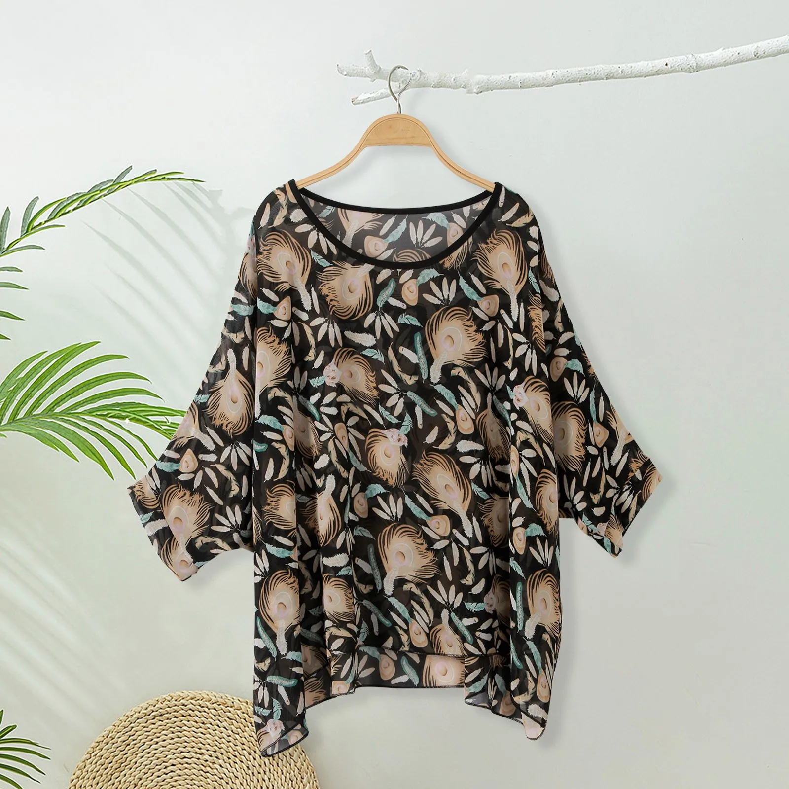 Mode Batwing Hülse O-ansatz Chiffon Bluse Frauen Hemd Leopard Print Casual Lose Herbst Böhmischen Strand Boho Urlaub Tops