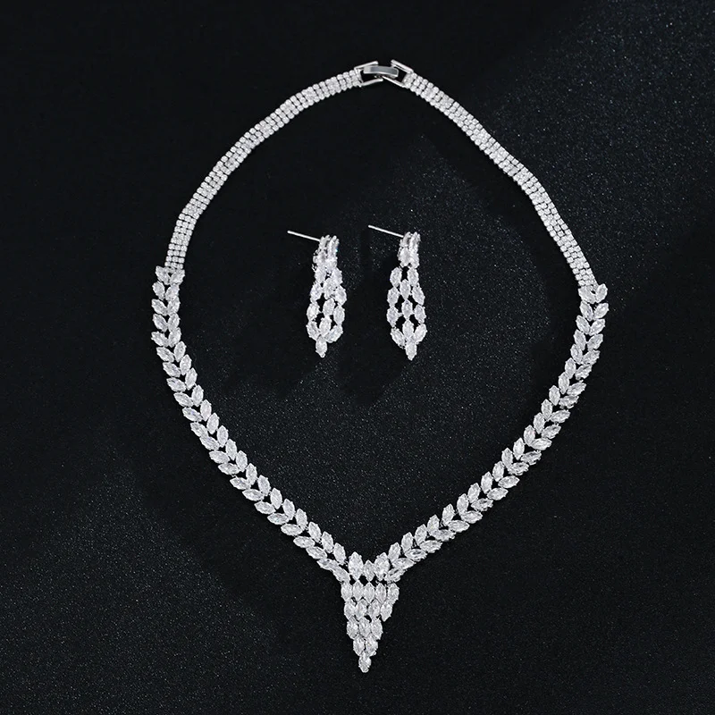 

High Grade Copper Marquise CZ Bridal 2Pcs Set, Inlaid Zircon Necklace Earrings Wholesale Women Wedding Dress Accessories