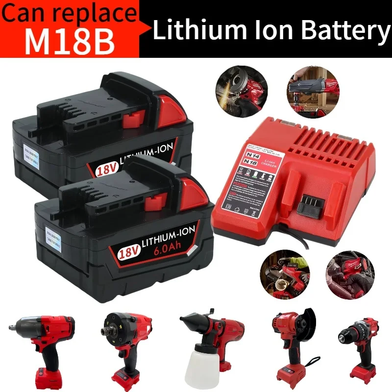 

2025 For Milwaukee M18 Power Tool Battery⚡Charger, BRXC, 18V, 6000mAh M18B5✅48-11-1860, Built-in 18650 Battery