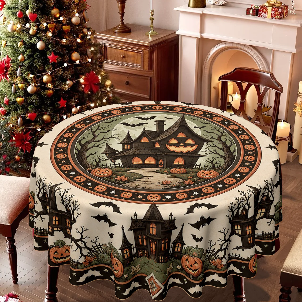 One tablecloth with a Halloween theme, featuring ghost houses, bats and pumpkins printed on it.