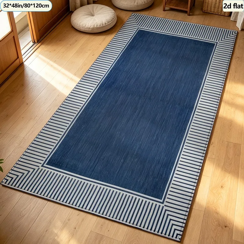 Navy Blue Striped Border Carpet Flooring, Modern Retro Square Framed Area Rug Non‑Slip Floor Mat for Bedroom Dining Room Home Decoration