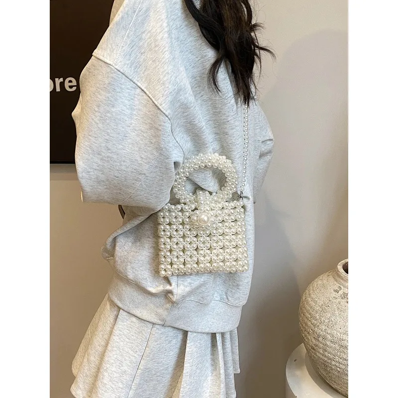 Pearl Beading Small Square Shoulder and Crossbody Bags Simple Fashion Versatile Handbags for Women 2024 Designer New Style