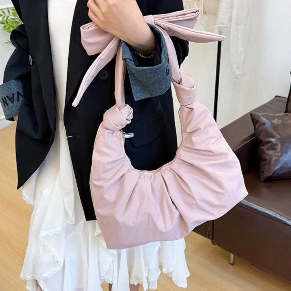 

Elegant Sweet Pleated Bow Tote Bag Korean Style Pure Color Nylon Dumplings Bag Minority Design Bowknot Cloud Bag Outdoor