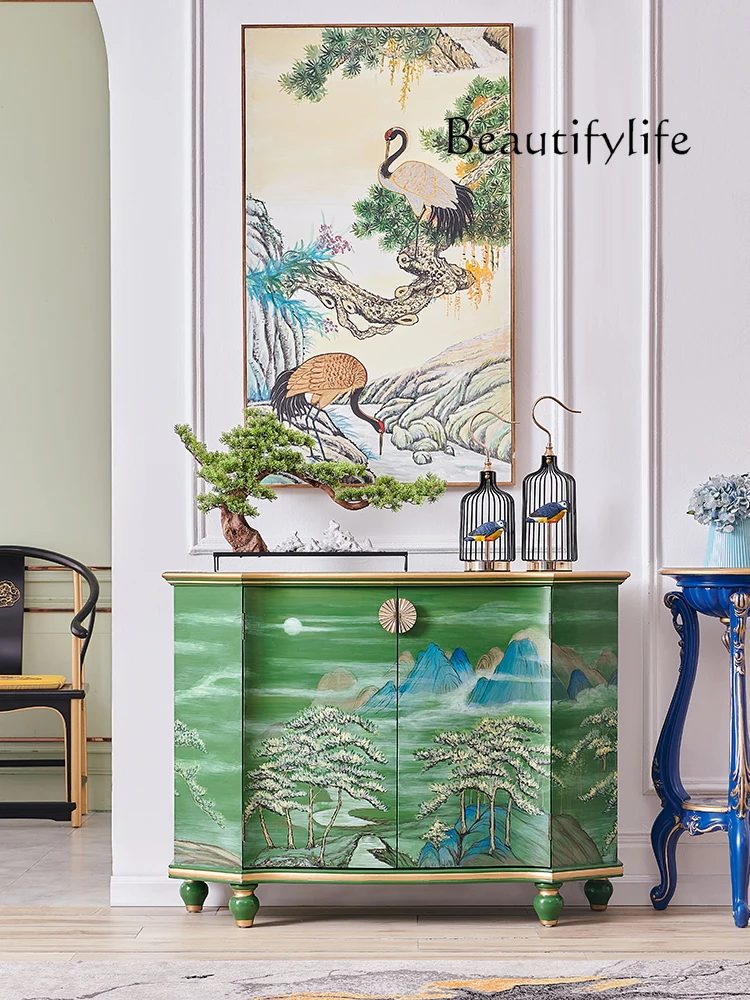 

French Retro Green Painted Landscape Entrance Decoration Hall Cabinet New Chinese Style Living Room Sideboard Cabinet