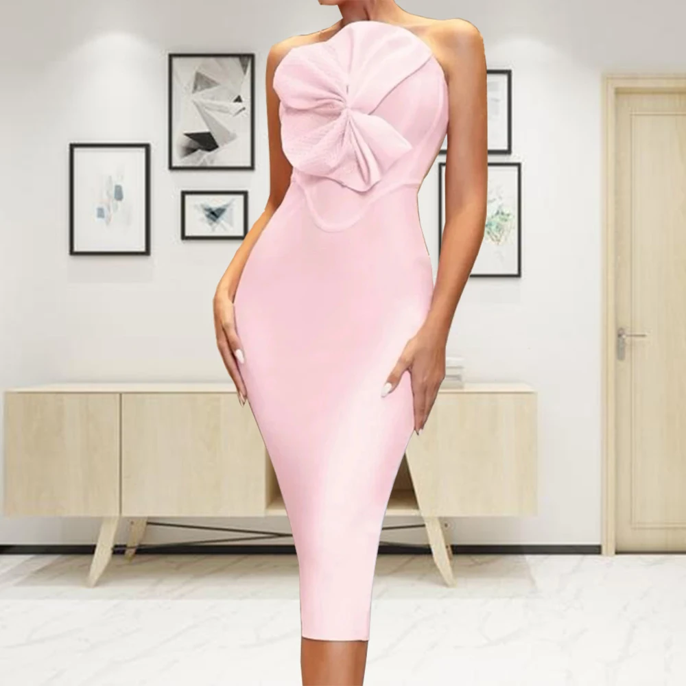 

HQBORY 2024 Women Pink Quality Flower Strapless Bandage Dress Ladies Summer Backless Bodycon Dress XL Evening Party Vestidos