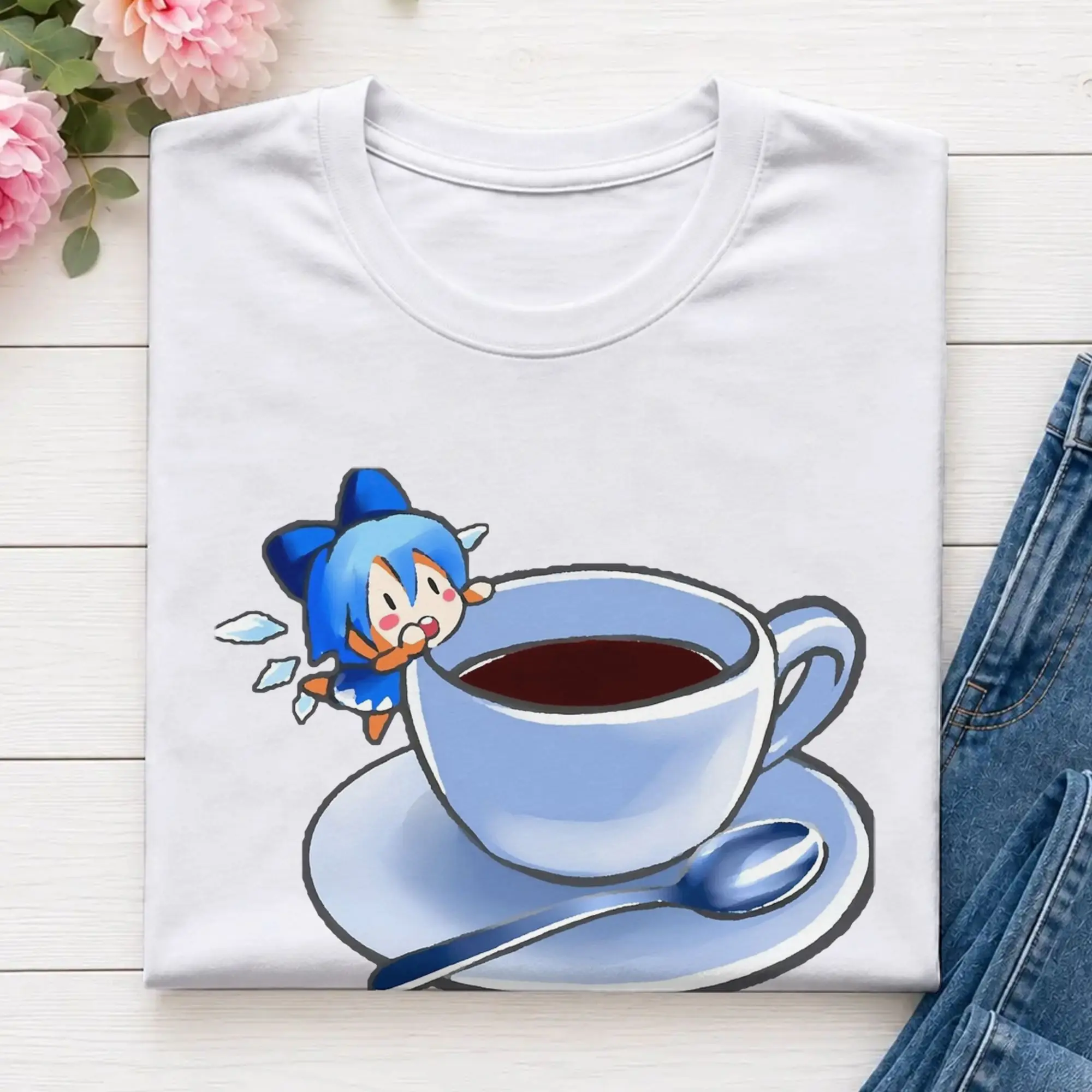 Men's Chibi Cirno With Coffee Touhou  T Shirts Touhou Project 100% Cotton Tops Short Sleeve O Neck Tee Shirt Plus Size T-Shirts