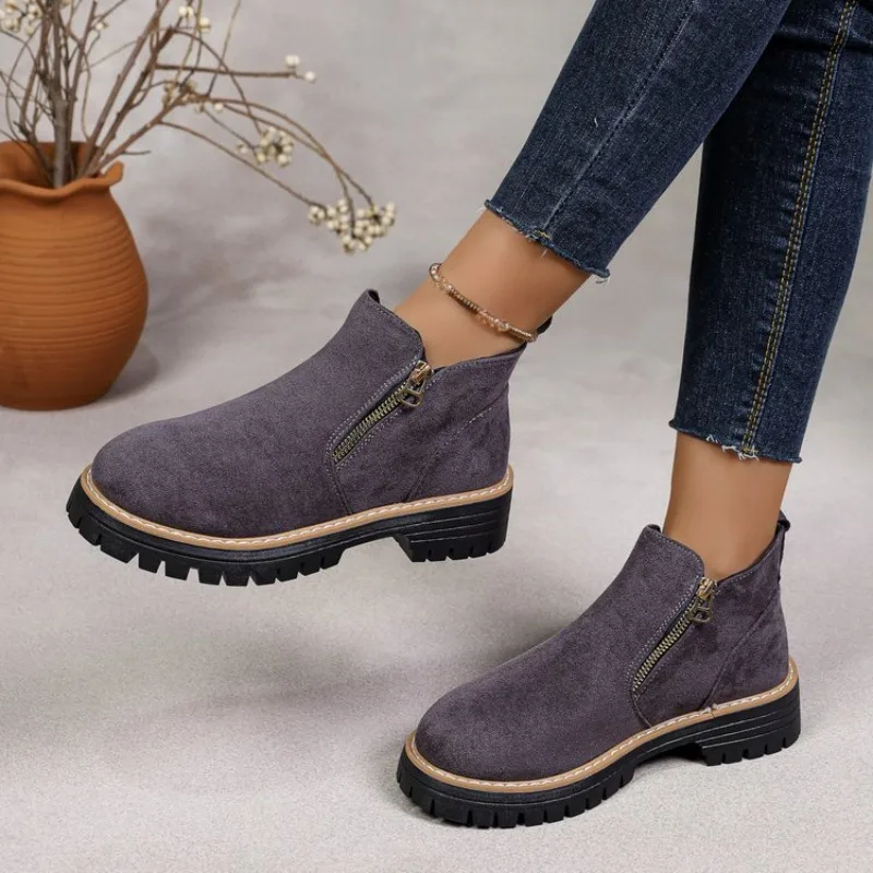 Women's Ankle Boots Round Toe Suede Look Side Zipper Chunky Lug Sole Contrast Stitching Casual Daily Outdoor Walking Footwear
