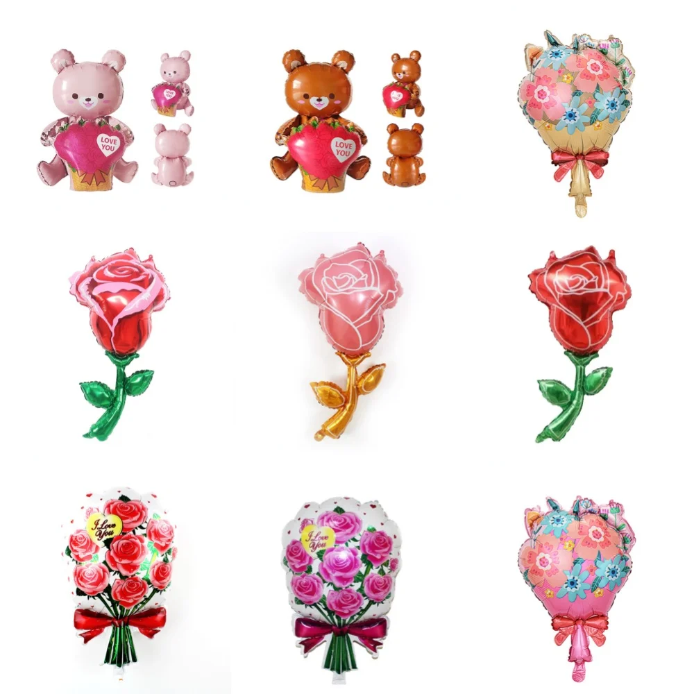 Aluminiumfolienballons Cartoon-Bären mit Blumen Rosensträußen Perfekt für Valentinstag Hochzeiten Jahrestage Geburtstage