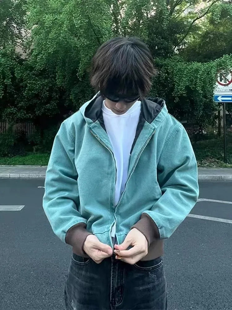 

American Heavyweight Lake Green Hooded Jacket Men's Autumn Winter New Design Unique Couple's Jacket Trendy Loose Fit Youth