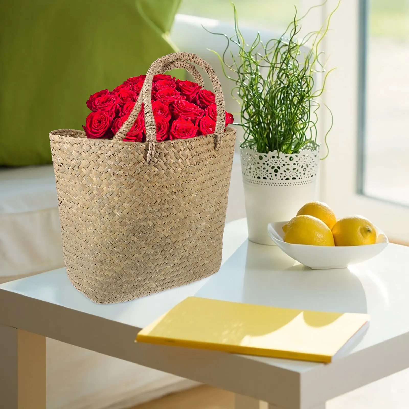 

Woven Straw Flower Basket Durable Natural Material Storage Decorative Plant Container Home Office Garden Use Seagrass Handheld