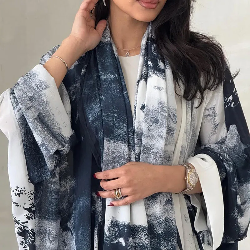 Outono inverno manga longa jaqueta feminina estilo oriente médio impresso chiffon casaco muçulmano moda feminina decote em v solto longo topo cardigan