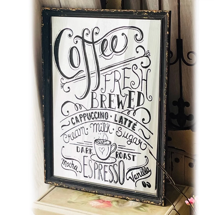 Fresh Brewed Coffee Motif Vintage Rustic Black Wood Framed Wall Decor Mirror with Printing