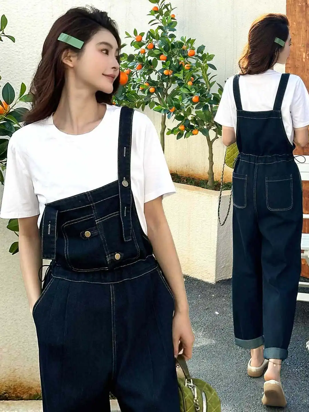

American Retro Denim Workwear Overalls Women's Two-Piece Set Spring Autumn k Blue Denim Overalls Suit High Waist Elastic