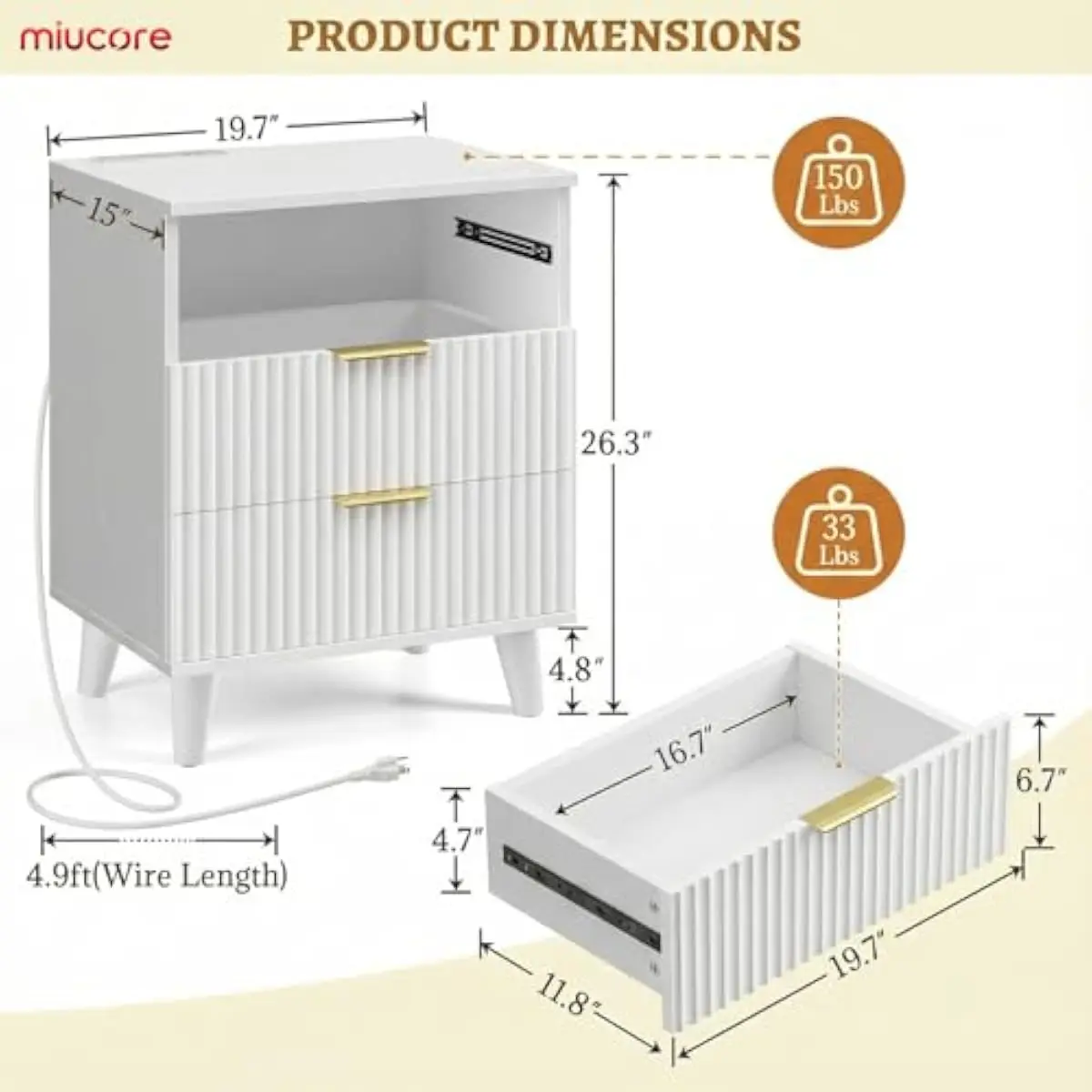 White fluted nightstand duo 15.7x19.7x26.3 in with triple soft-close drawers USB AC charging ports waterproof laminate MDF frame