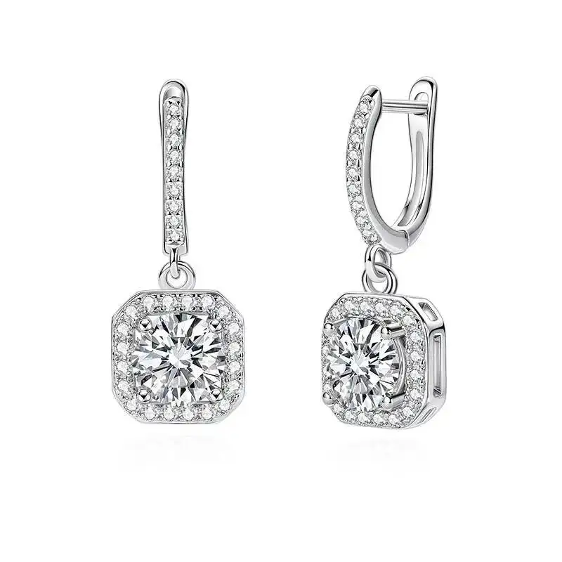 Wholesale Custom  Luxury 6.5mm 1ct Moissanite Earrings Halo Square Drop Earrings 925 Sterling Silver for Women-Wedding Gift