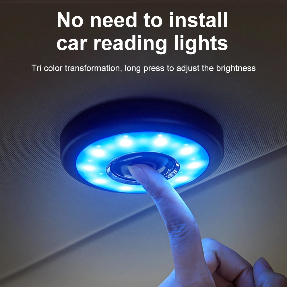 LED Car Interior Ceiling Light USB Rechargeable Magnetic Adsorption Ambient Night Light 3-Color Dimming Car Reading Lamp