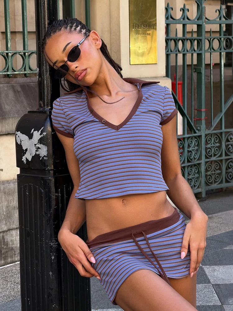 Kliou Streifen-Patchwork 2-teiliges Set Damen V-Ausschnitt Kurzarm Crop Top + Minirock mit Kordelzug Sommer High-Street-Style Outfits
