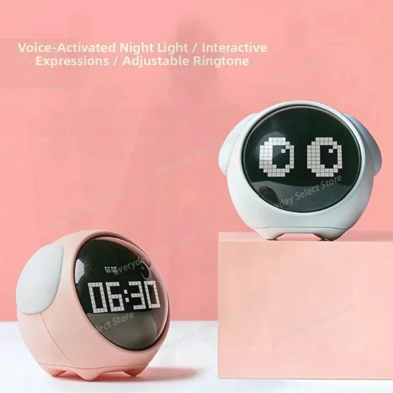 Children's LED Expression Pixel Alarm Clock Smart Luminous Digital Bedside Snooze Clock Student Modern Minimalist White/Pink