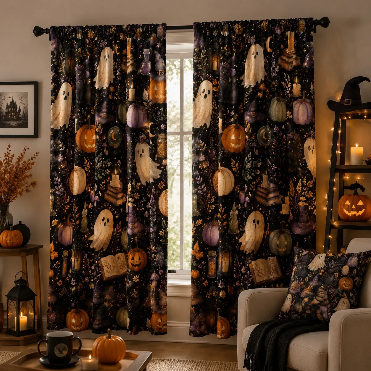 2Pcs Halloween Pumpkin Lantern Starry Night Curtains for Home Living Room Bedroom Autumn Fall Decoration High Definition Digital