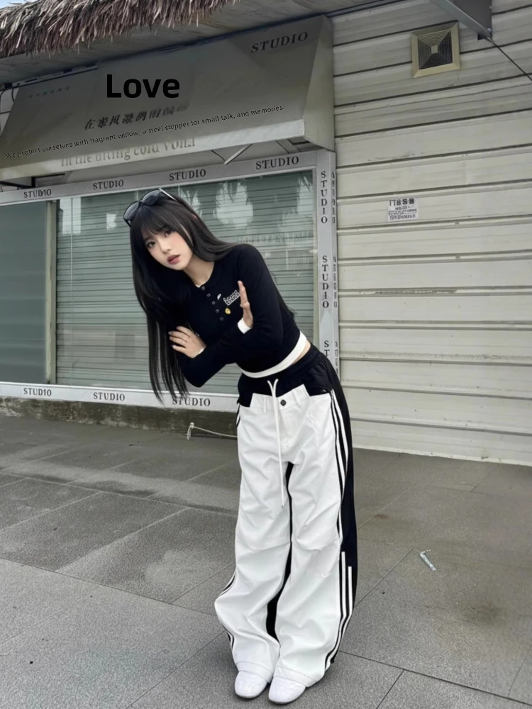 Deeptown White Striped Pants Women Black Patchwork Wide Leg American Retro Parachute Pants Baggy Casual Jogging Trousers Street