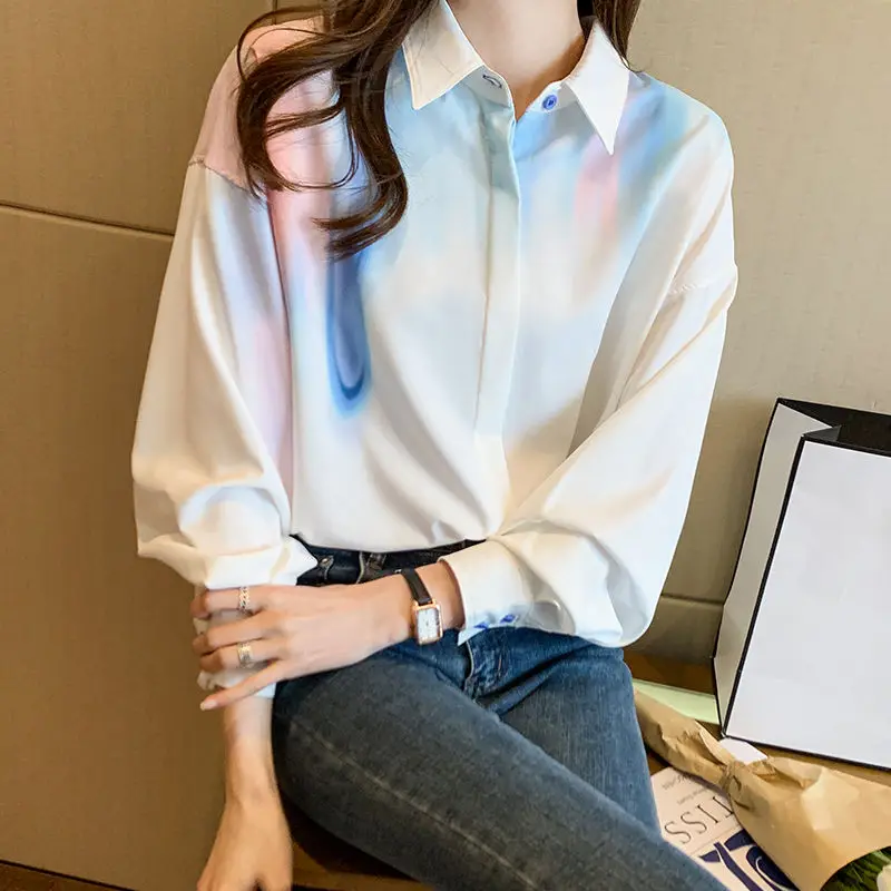 

Tie Dye Print Patchwork Blouse Spring Autumn New Polo Neck All-match Loose Fashion Shirt Tops Korean High Street Women Clothing