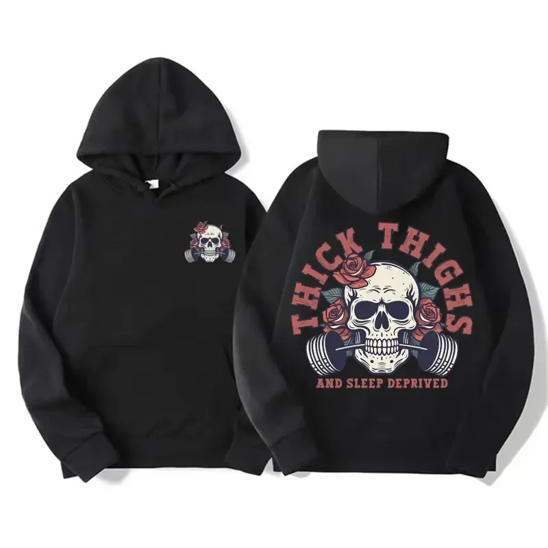 

Thick Thighs and Sleep Deprived Meme Hoodie Men Funny Gym Retro Skull Graphic Sweatshirt Unisex Fashion Gothic Oversized Hoodies