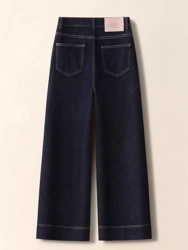 ディープブルー プラスサイズ デニムジーンズ レディース ハイウエスト ストレートレッグ ワイドレッグパンツ 秋 ファッション カジュアル スタイリッシュ 快適なフィット感