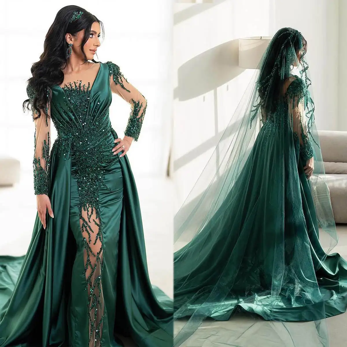 Luxury Evening Dresses Mermaid O-Neck Sequined Pleat Lace Long Sleeve Prom Gowns Party Dresses Custom Made Robe De Soirée