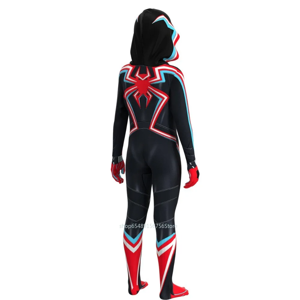 Spiderman 2099 Miles Morales Cosplay Costume or Kids Adult Black Spider Man Bodysuit with Hat Superhero Children Jumpsuit