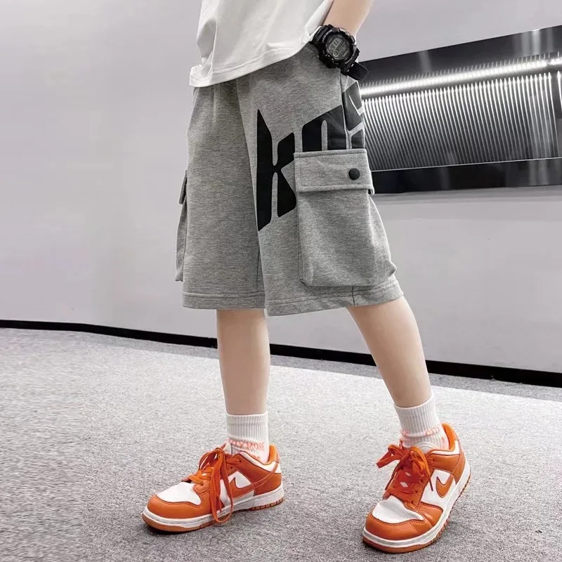 New Kids Shorts for Boys Summer Casual Cotton Lettered Print Pocket Pants Fashion Streetwear Teenager Shorts Sport Clothes