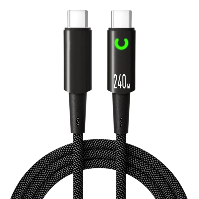 240W Type C to Type C Charging Cable with Fabric Outer Layer, Auto Cutoff, Light for Desk and Office Use