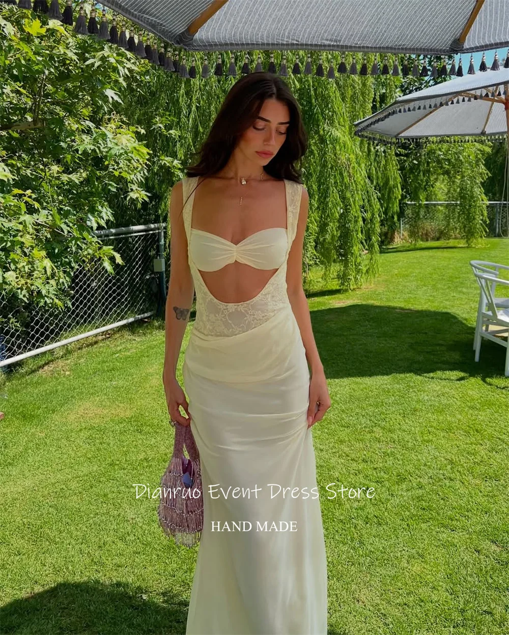 Dianruo エレガントマーメイド背中の開いたイブニングドレスシフォンロングパーティードレススパゲッティストラップカットアウトウエディングドレス女性のためのカスタマイズ