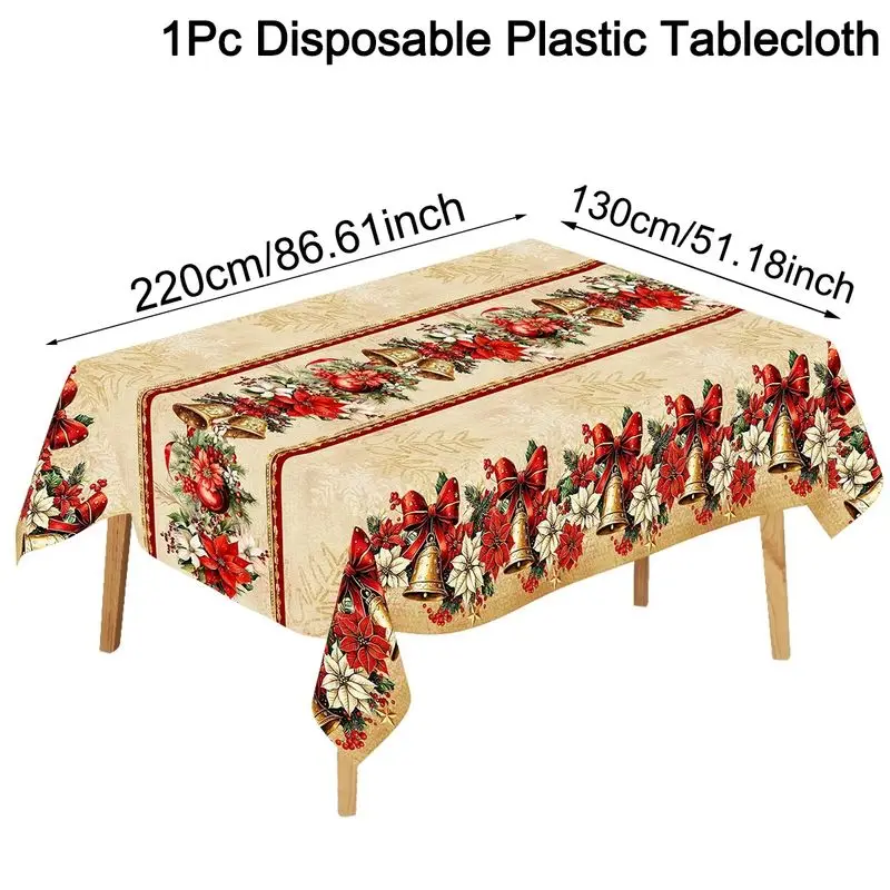 VIKAMA Xmas Holiday Tablecloth Golden Bell Bow Poinsettia Holly Berry Border Print Table Cover For Family Dinner Decor
