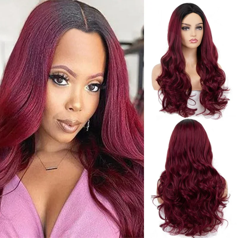 European and American fashion for women, middle-parted, gradient burgundy, large waves, synthetic long curly hair wigs