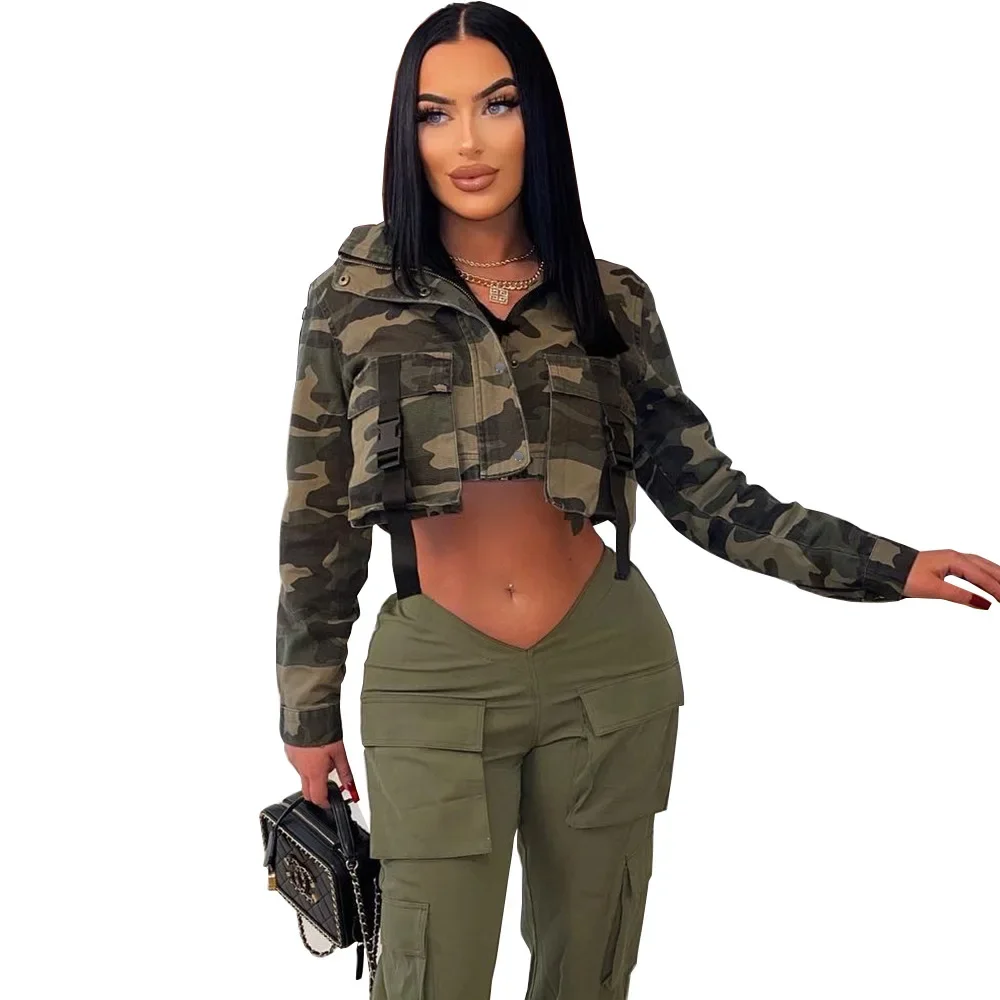 

Camouflage Short Jacket Women 2024 Autumn New Long Sleeve Zipper Button Pocket Lace Up High Neck Wash Cargo Coat Streetwear