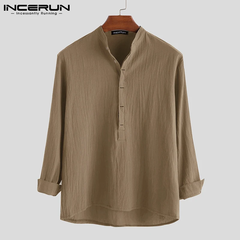 INCERUN-camisa informal de manga larga para hombre, ropa de calle de algodón y lino con cuello levantado, lisa, estilo Harajuku, para negocios, 2023